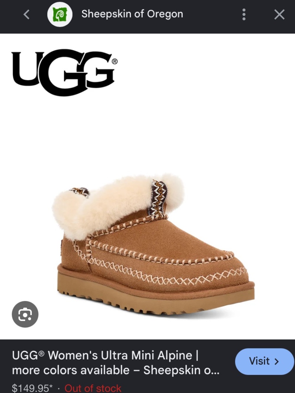 UGG Chestnut Sheepskin Santana Stitch Slip-On Slipper Moccasins NWOB